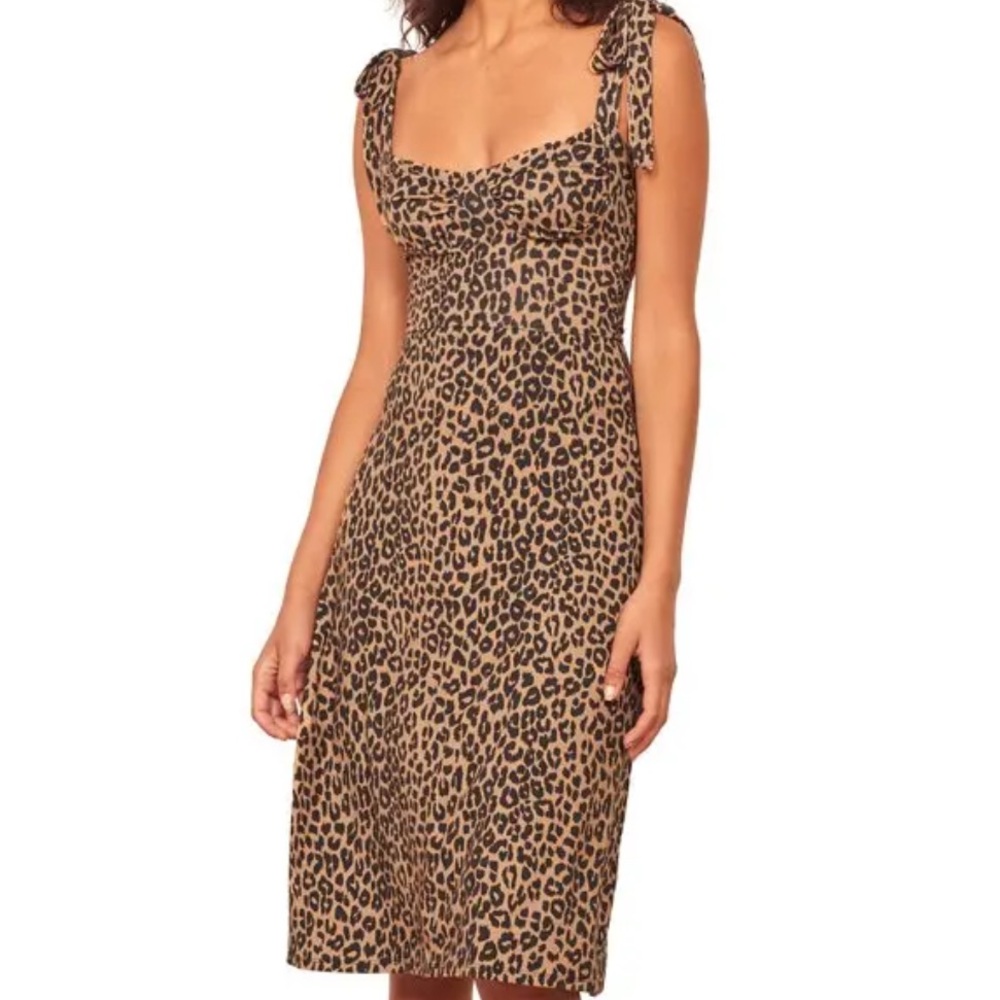 Reformation Wells Tie Shoulder Leopard Print Midi Dress Size XS